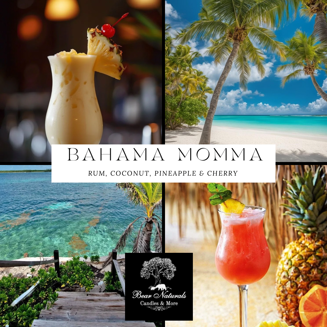 Collage of tropical drinks and beaches with the title "Bahama Momma" representing a rum, coconut, pineapple and cherry scent.