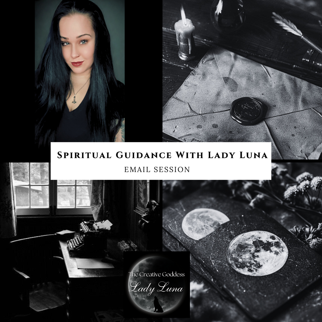 Collage of images with text overlay for 'Spiritual Guidance with Lady Luna' email session.