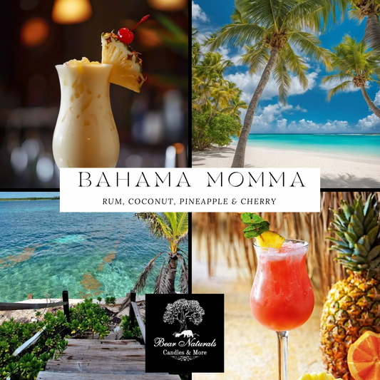 Collage of tropical drinks and beaches with the title "Bahama Momma" representing a rum, coconut, pineapple and cherry scent.