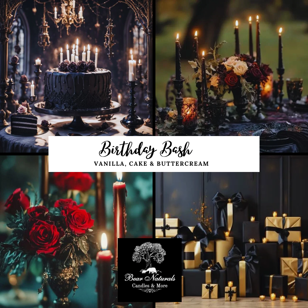 Collage of a dark-themed birthday party setup with candles, cake, and decorative elements describing the vanilla cake inspired scent " Birthday Bash".