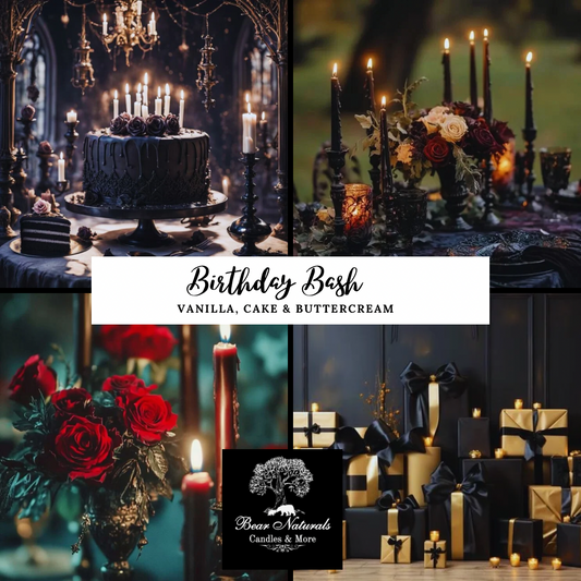Collage of a dark-themed birthday party setup with candles, cake, and decorative elements describing the vanilla cake inspired scent " Birthday Bash".