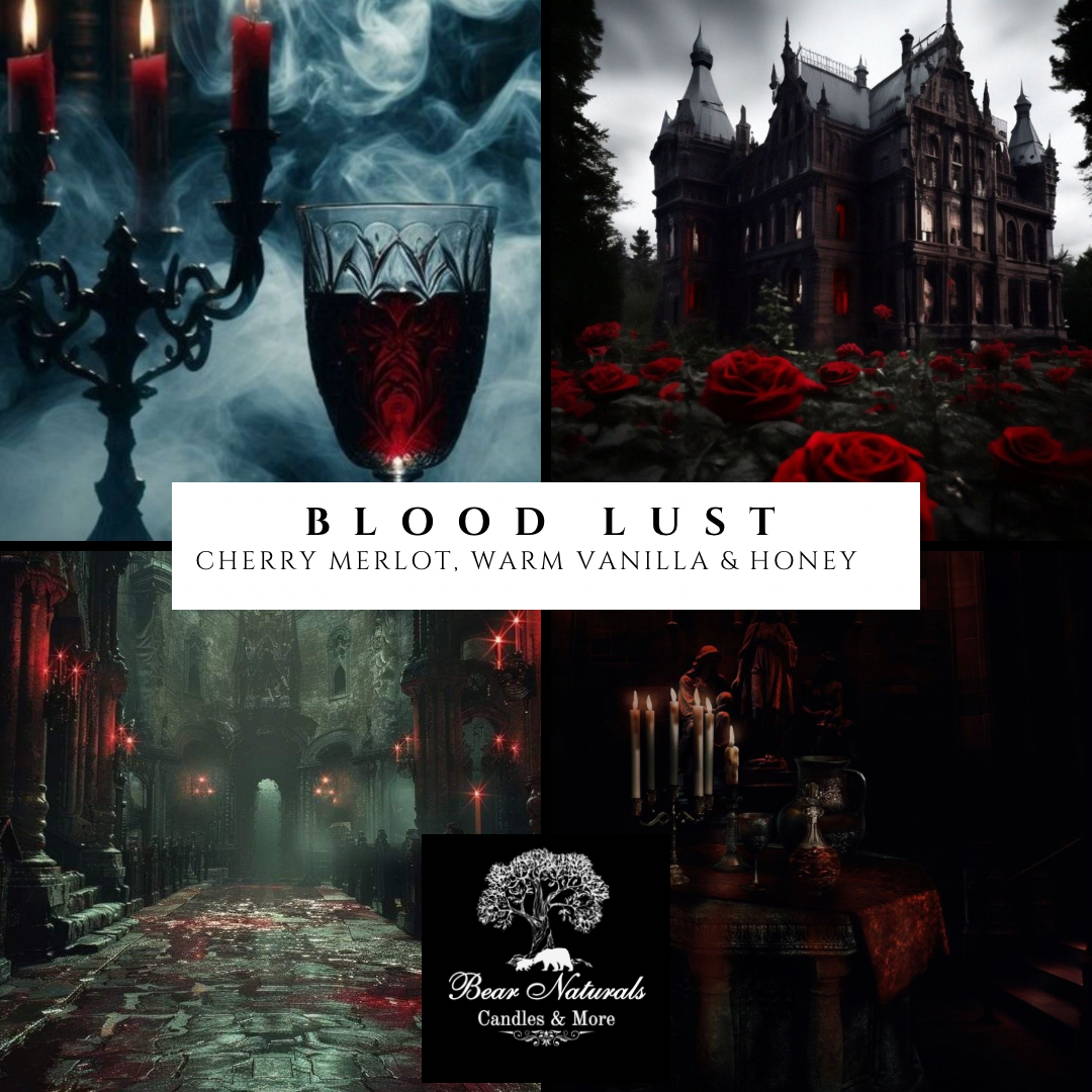 Vampire Gothic-themed collage with candles, a wine glass, and a castle, featuring the scent "Blood Lust".