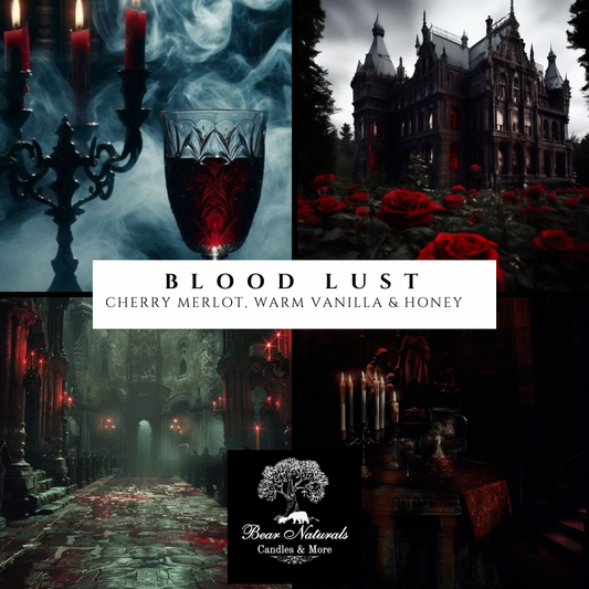 Vampire Gothic-themed collage with candles, a wine glass, and a castle, featuring the scent "Blood Lust".