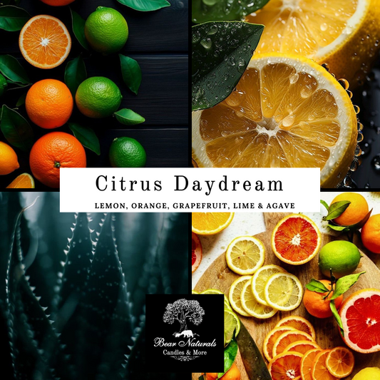 Collage of citrus fruits and agave with a dark color tone to describe the scent " Citrus Daydream".
