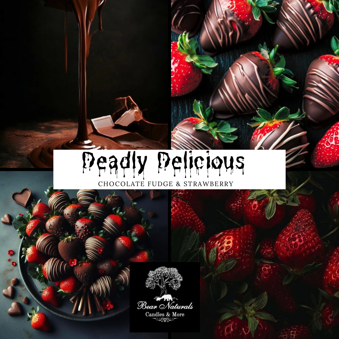 Collage of chocolate-covered strawberries with 'Deadly Delicious' branding.