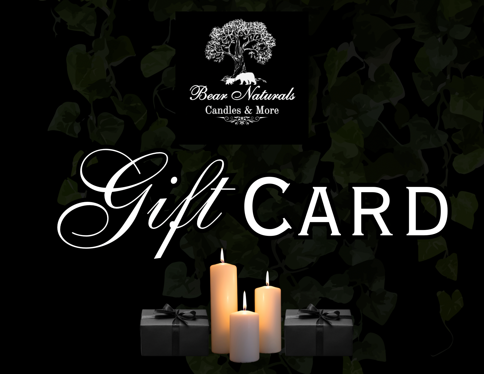 A digital gift card from Bear Naturals Candles & More featuring an image of two lit candles with a dark leafy background, and the brand's logo at the top.