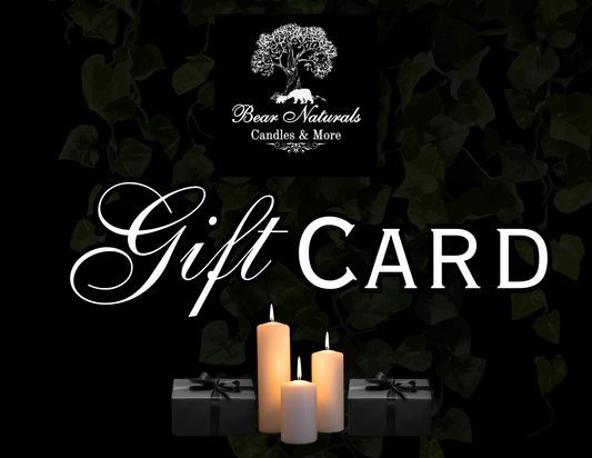 A digital gift card from Bear Naturals Candles & More featuring an image of two lit candles with a dark leafy background, and the brand's logo at the top.