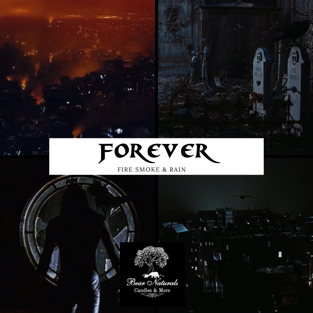 A collage of dark abstract scenic photos representing the fictional character "Eric Draven" from the 1994 movie "The Crow" to describe the scent "Forever" including smoke and burning buildings, a crow sitting on gravestones, a man walking to a window, and a crow flying over buildings.
