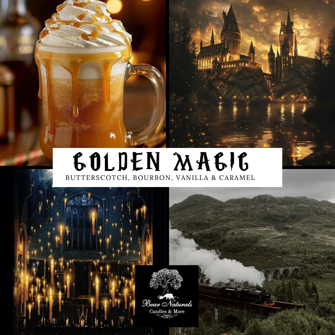 A collage of abstract scenic photos from the movie franchise "Harry Potter" to describe the energy and smell of the scent "Golden Magic" including an image of a golen drink with whip cream, a large castle, floating candles, and a train with steam billowing into the air. 
