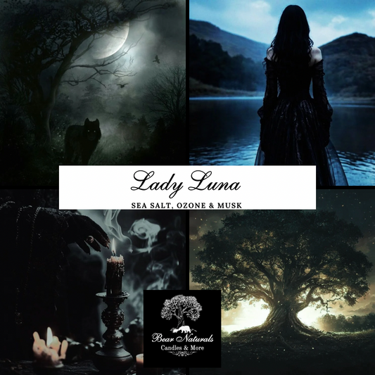 A collage of dark, mystical scenes including a wolf next to a tree, a lady by a lake and mountains, a woman's hand lighting a candle, and a large oak tree describing the energy and scent of "Lady Luna".