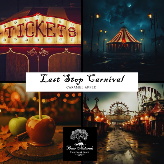 A collage of abandoned carnival images with a dark tone including a red and yellow ticket booth, white and red stripe tent with streetlights around it, a caramel apple sitting on a wooden surface and an empty street with carnival tents on each side and a Ferris Wheel in the background to describe the energy and scent of " Last Stop Carnival"