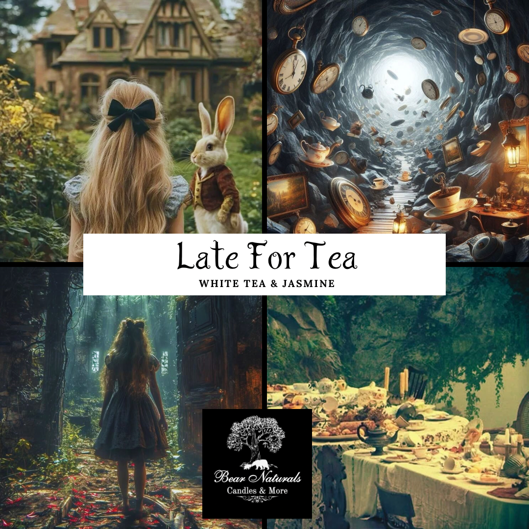 A collage of abstract scenic photos inspired by the movie "Alice In Wonderland" to describe the energy and smell of the scent "Late For Tea " including an image of a little girl with blonde hair standing next to a white rabbit, a hole with floating clocks and tea sets, a little girl with blonde hair walking through a forest, and a long table with a white table cloth set for a tea party.