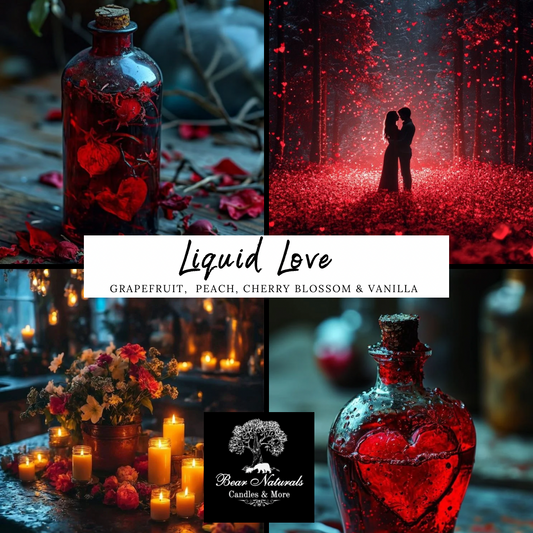 Collage of romantic and decorative elements with 'Liquid Love' product text.