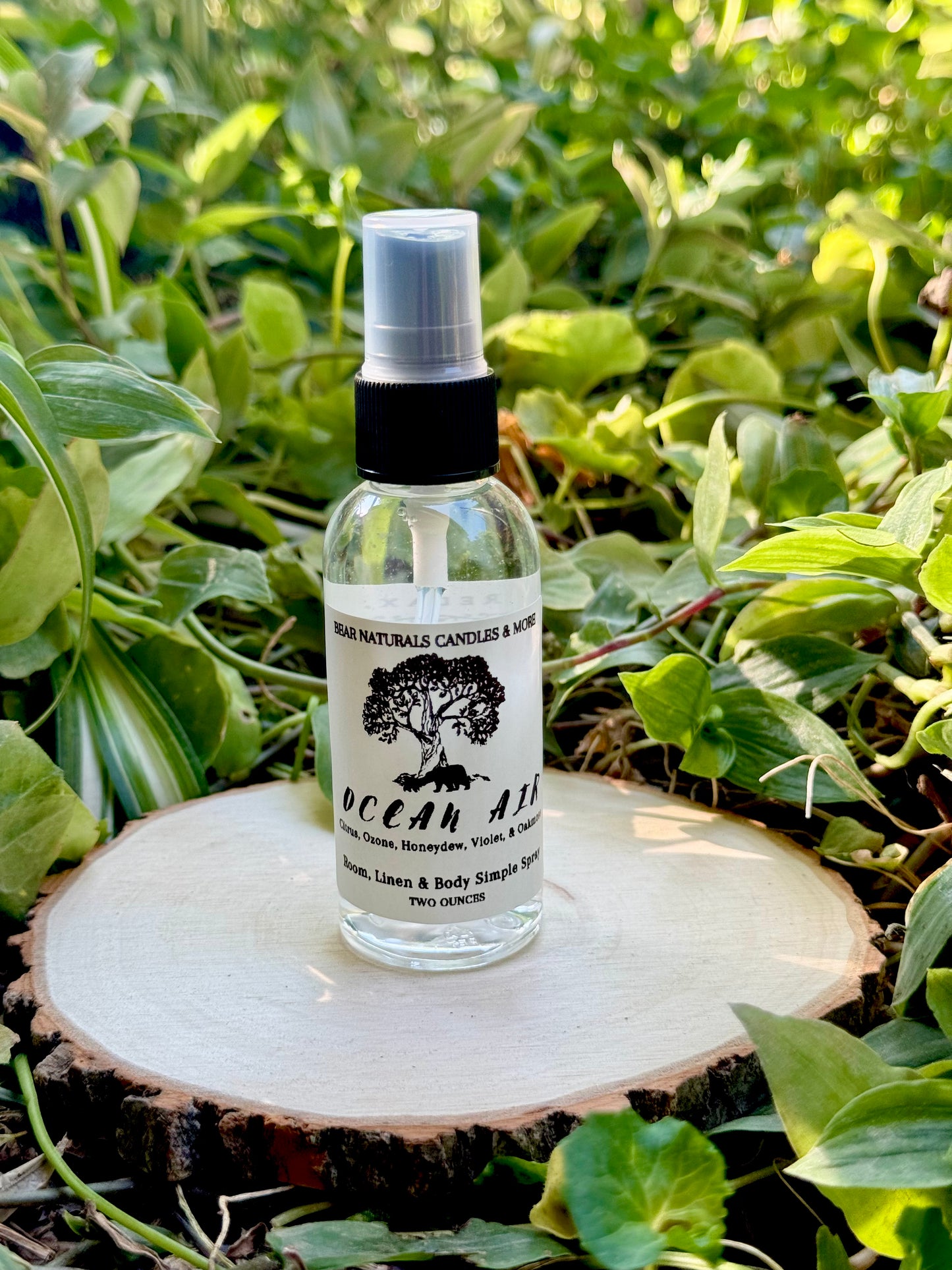 A clear two ounce finger-tip spray bottle with black and white label on a wooden surface with green leaves in the background. The bottle contains the scent "Ocean Air".