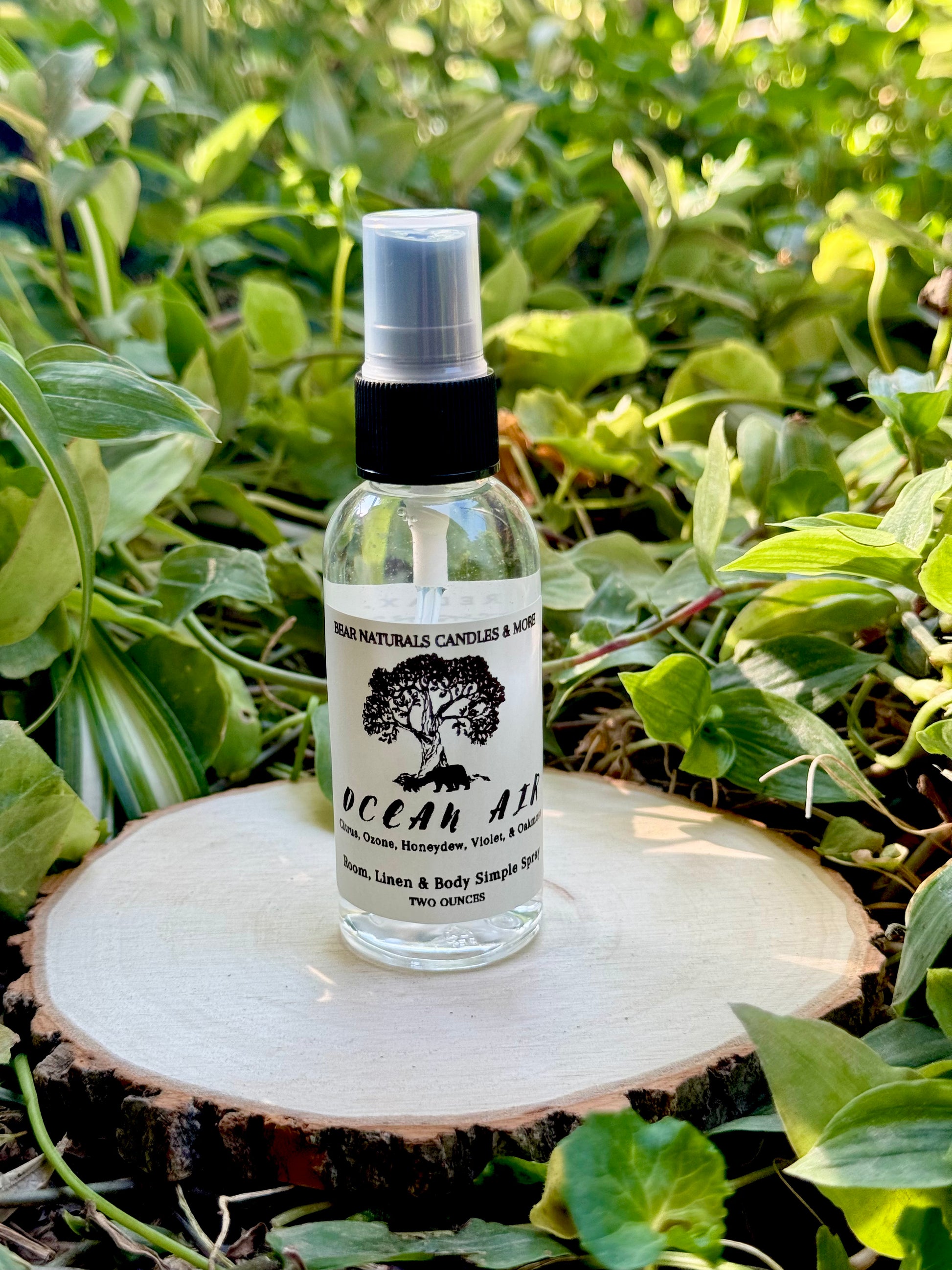 A clear two ounce finger-tip spray bottle with black and white label on a wooden surface with green leaves in the background. The bottle contains the scent "Ocean Air".