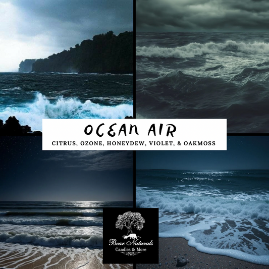 Collage of ocean pictures with a dark skies to describe the energy and scent of "Ocean Air".