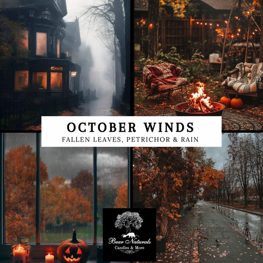 A collage of rainy days in autumn themed images to describe the energy and scent of "October Winds".