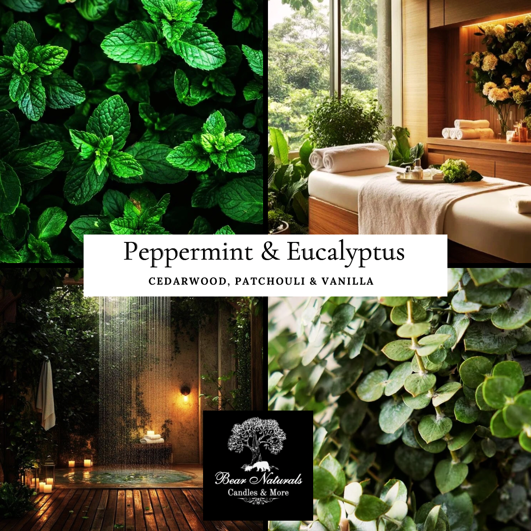 Collage of peppermint and eucalyptus images with a spa setting to describe the energy and scent of "Peppermint and Eucalyptus".