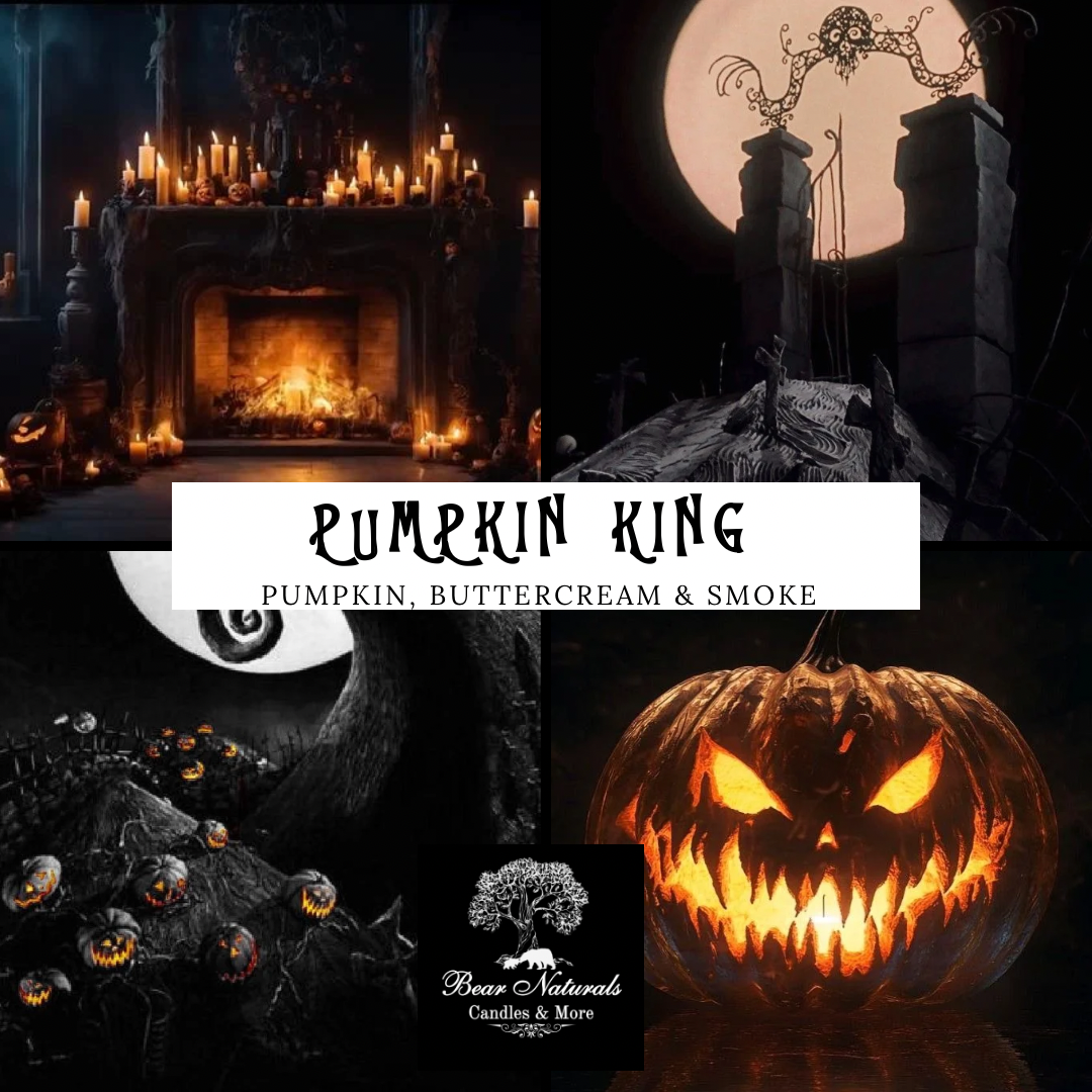 Collage of Halloween-themed images with pumpkins, candles, and a moonlit scene inspired by the movie "The Nightmare Before Christmas" to describe the energy and scent of "Pumpkin King"