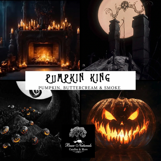 Collage of Halloween-themed images with pumpkins, candles, and a moonlit scene inspired by the movie "The Nightmare Before Christmas" to describe the energy and scent of "Pumpkin King"