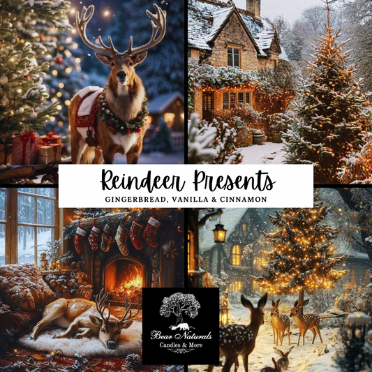 Collage of Christmas-themed images with reindeer, Christmas trees, and a house in the snow to describe the energy and scent of "Reindeer Presents"