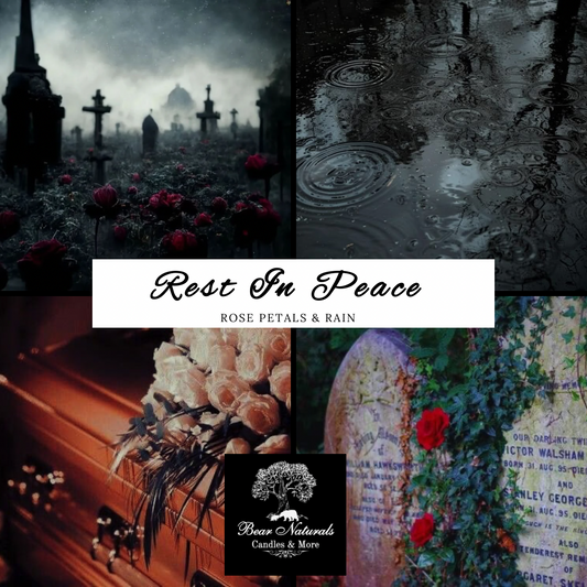 Collage of images with a dark and somber theme, including a cemetery, raindrops, a coffin, and a gravestone to describe the scent and energy of "Rest In Peace".