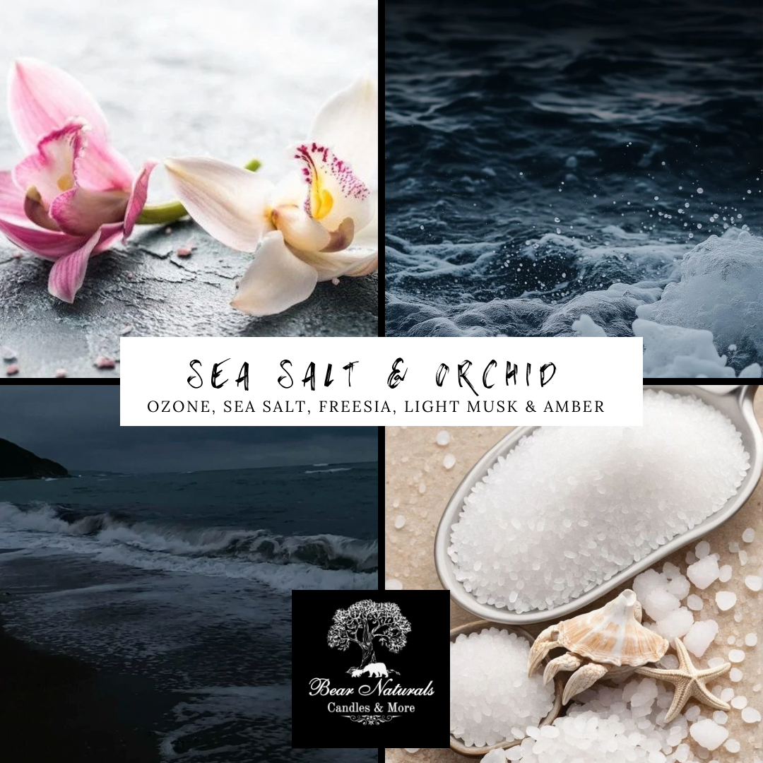 Collage of sea salt, orchid, and ocean waves to describe the energy and scent of "Sea Salt And Orchid"