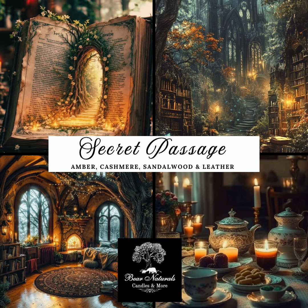 A collage of fantasy inspired images of a hidden door in book, a dark castle with bookshelves in the entry, a cottage inspired room warmed by a fireplace, and a tea set placed for use on a table to describe the scent "Secret Passage"