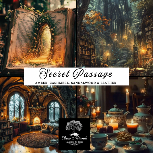 A collage of fantasy inspired images of a hidden door in book, a dark castle with bookshelves in the entry, a cottage inspired room warmed by a fireplace, and a tea set placed for use on a table to describe the scent "Secret Passage"