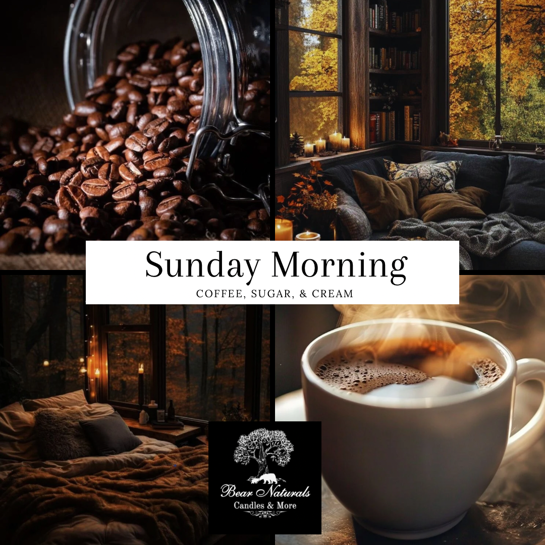Collage of coffee beans, a cozy room with a fireplace, and a steaming cup of coffee to describe the scent "Sunday Morning".