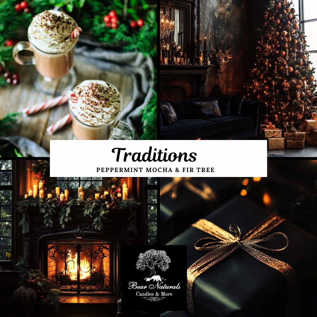 Collage of Christmas-themed images including coffee in tall glasses with whipped cream and peppermint flakes, a decorated holiday tree with gifts, and cozy fireplace to describe the scent