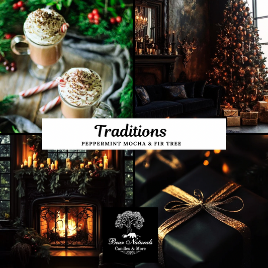Collage of Christmas-themed images including coffee in tall glasses with whipped cream and peppermint flakes, a decorated holiday tree with gifts, and cozy fireplace to describe the scent